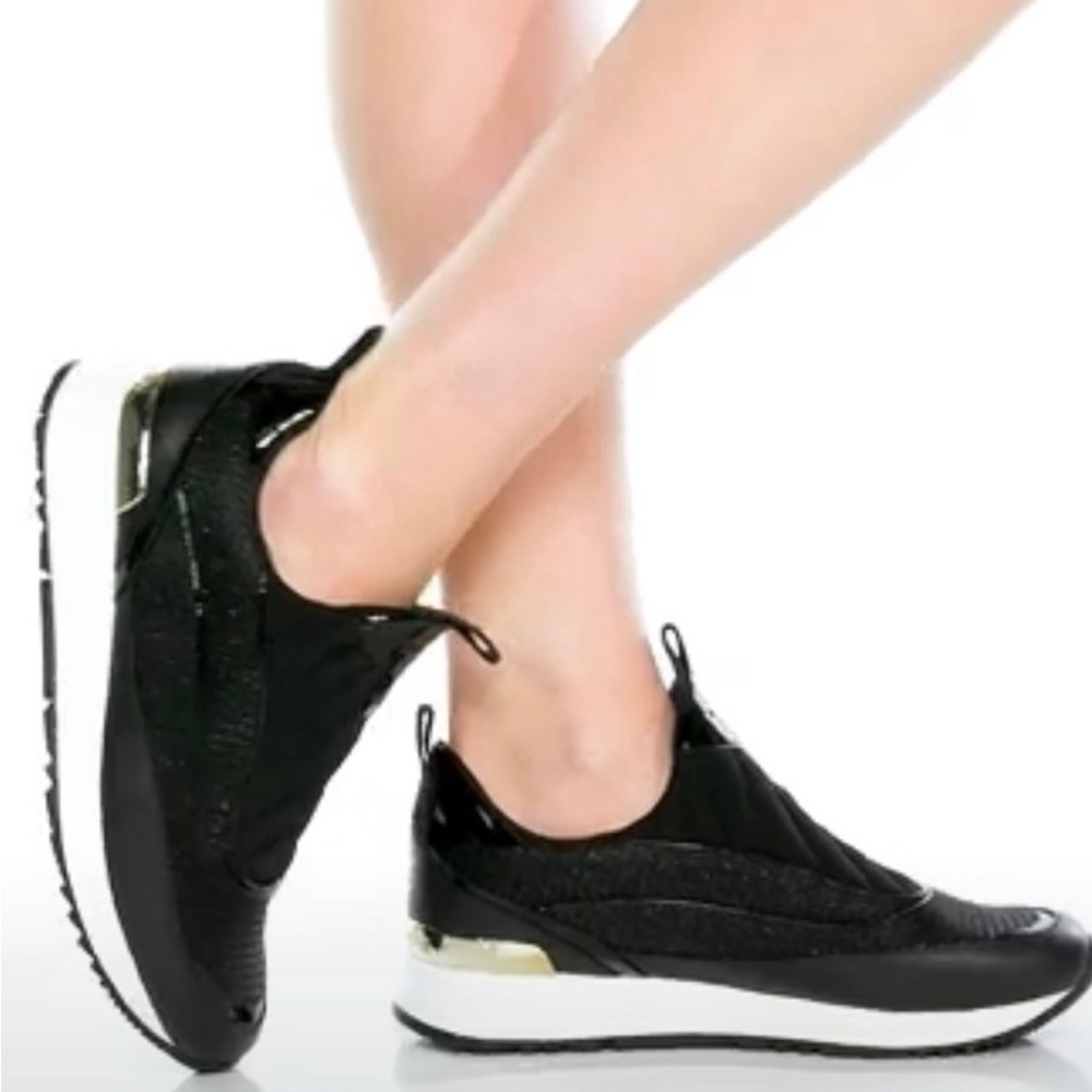 MICHAEL KORS ALLIE STRIDE SLIP ON GLITTER CHAIN MESH BLACK SNICKERS